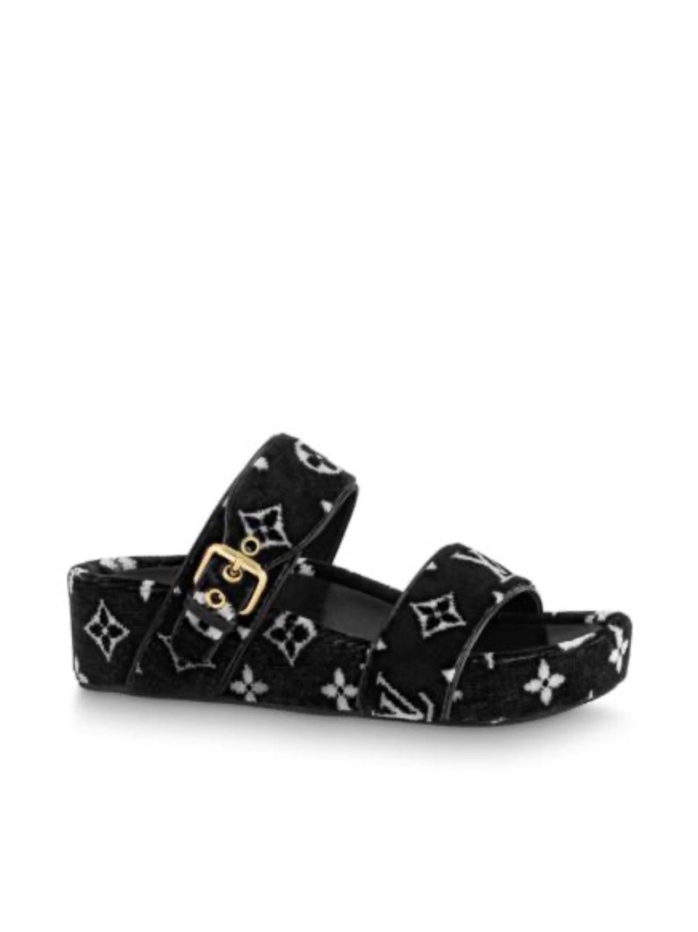 Louis Vuitton Black Monogram Velvet Platform Slide Sandals with Gold Buckle